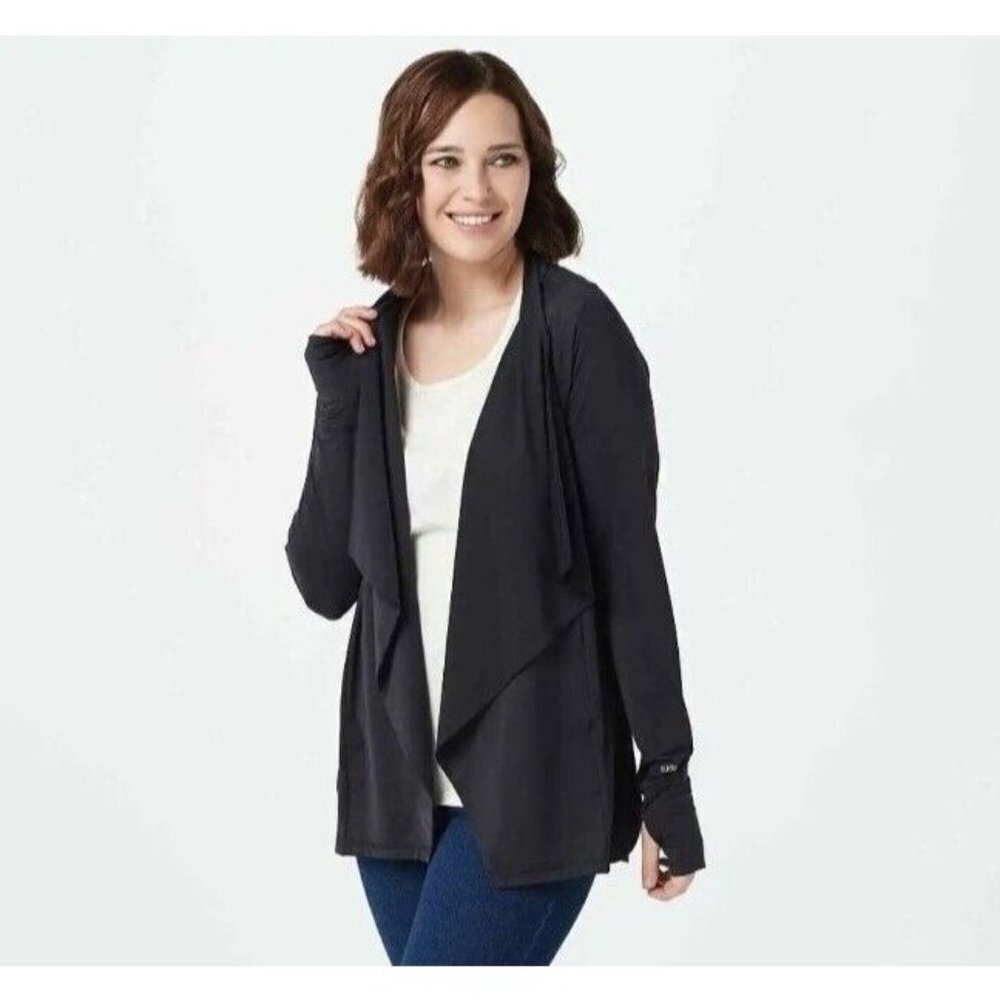 Zuda Z-Sol Drape Front Black Cardigan Sweater Women's Size L